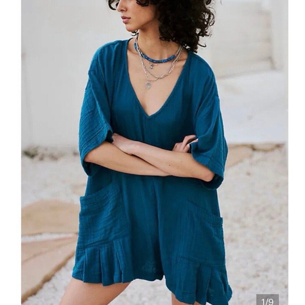 free people free-est so lively romper blue small boho one piece teal